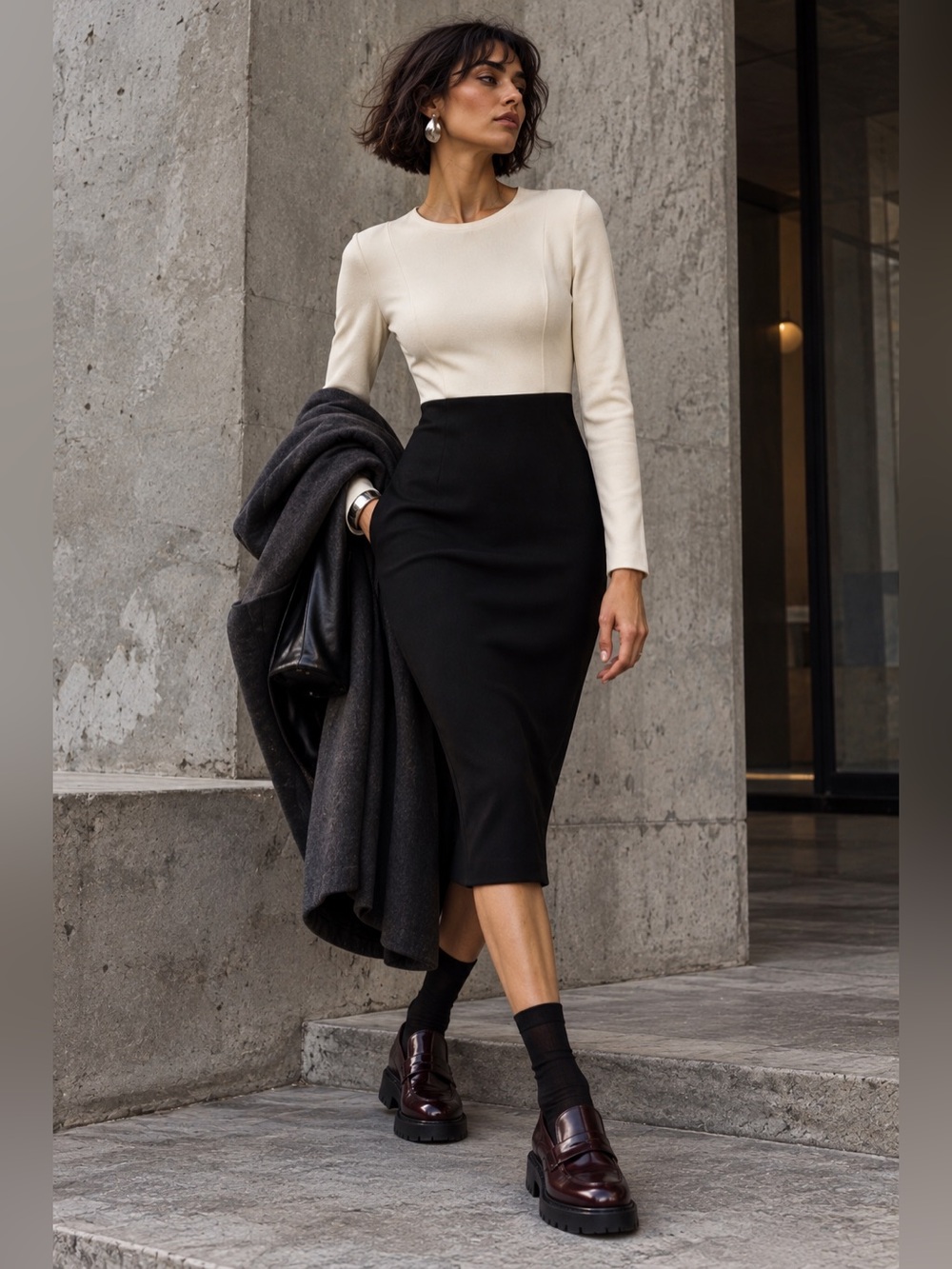 Zara Black Ivory Colorblock Pencil Midi Dress Bodycon Long Sleeve Wiggle